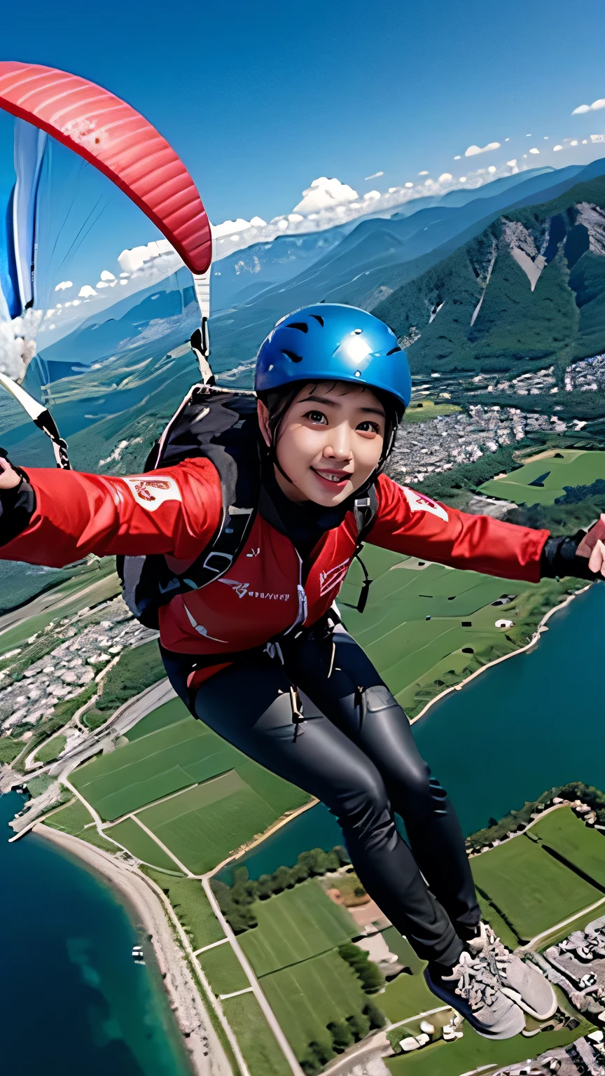 Beautiful 24 Year Old Korean Girl in Hijab, Paragliding in Swiss Alps Valley, ((In the air)), ((Paragliding)), Solo, Air, Realistic, Ultra HD, 8k unity wallpaper, Ray Tracing, Beautiful smile, (smile:1.2), (Red T-shirt), (black pants), Detailed background, Detailed skin, Detailed clothes, (Detailed paragliding), Real Paragliding, Landing time, Touching the ground while landing with paragliding, Low altitude in the air,
