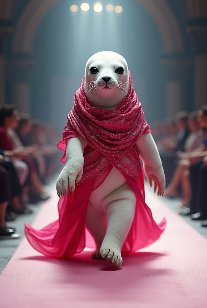 A beautiful white seal wearing pink and red cloth walking down the runaway at a fashion show,