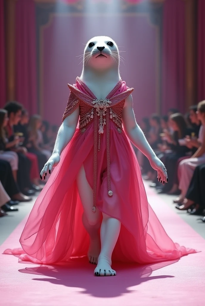 A beautiful white seal wearing pink and red cloth walking down the runaway at a fashion show,
