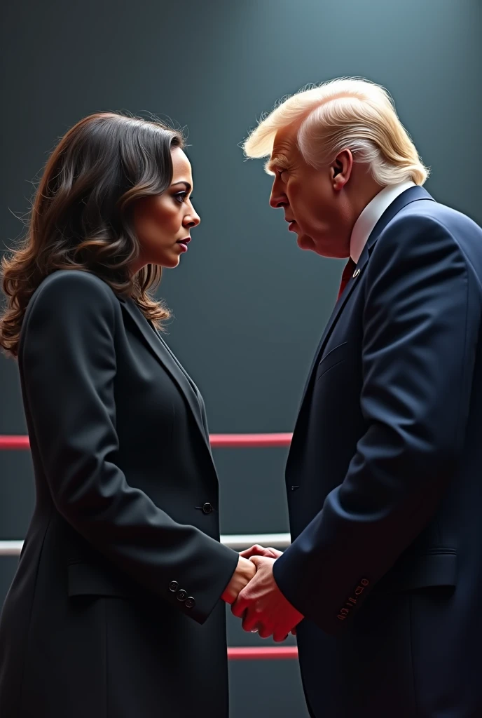 Kamala Harris and Donald Trump staring each other down like boxers