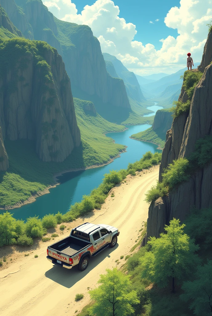 The Ghibli-style image shows an aerial view of a Toyota Hylux pickup truck cruising along a sandy road on top of a mountain., between high mountains and a river passing between them.
on a mountain, There is a crouching demon girl who has tattoos all over her body, a single long braid and red hair, It has no wings or tail and can barely be seen from a distance..