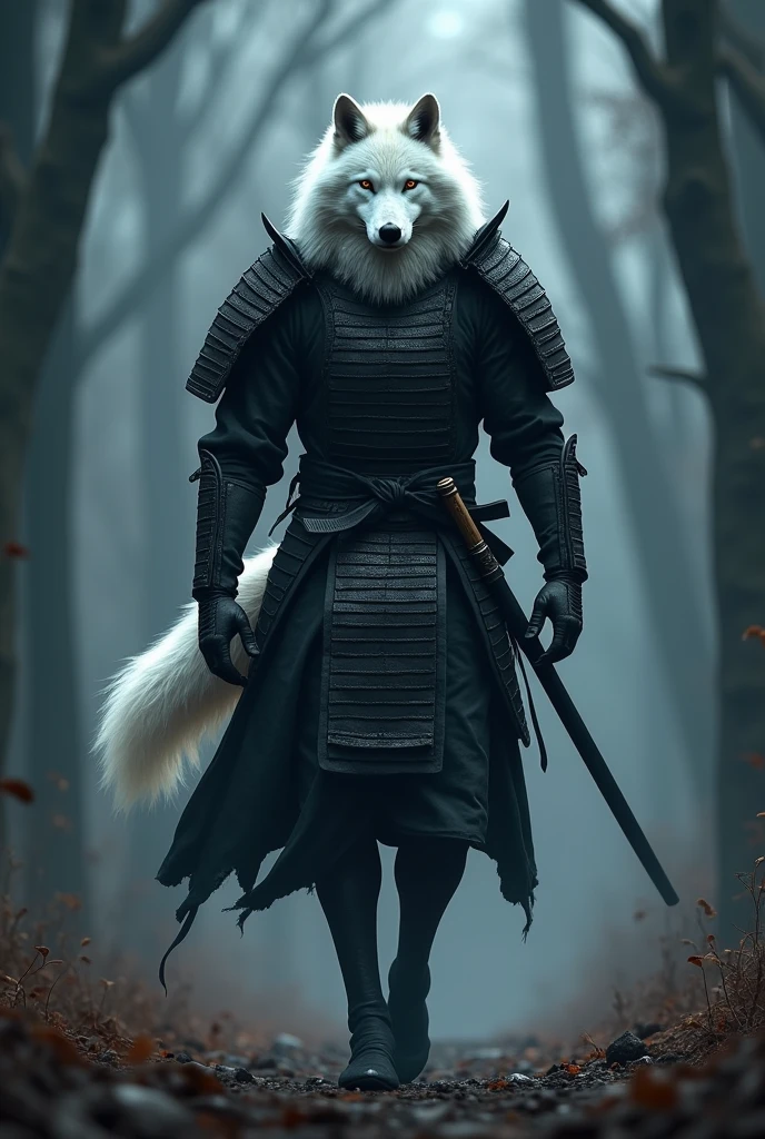 very strong、Impenetrable、To be enveloped in an aura、White Wolf Samurai、Warrior、The body is slender、Pitch black armor、Dark Messenger、Walking in the forest at night、Very realistic、Ultra HD、32K、