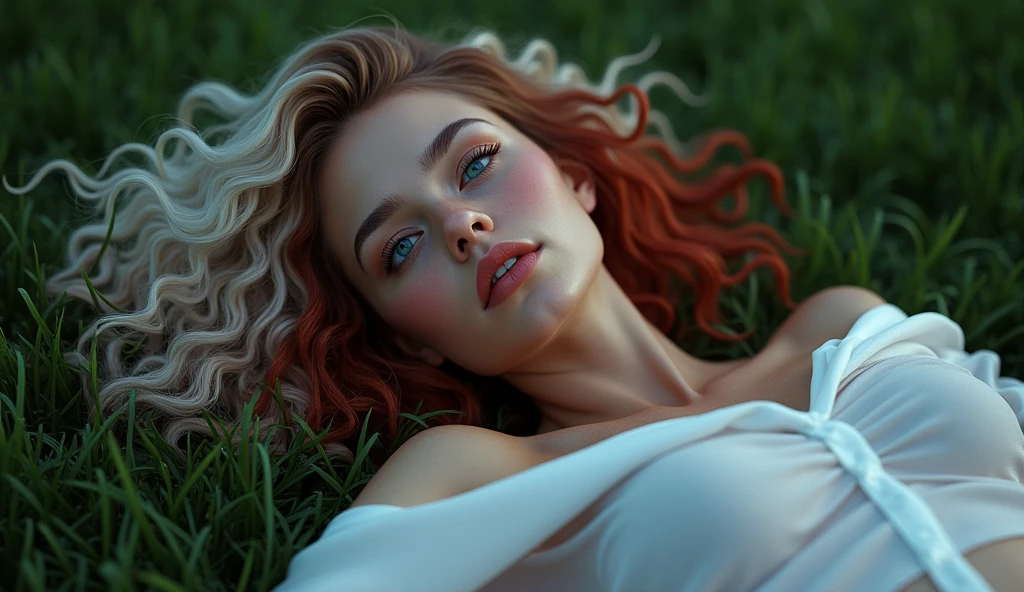 Ultra-realistic 8k CG, masterpiece, ((Ultra detailed background, delicate nature, Intricate details)), best quality, Intricate detailss, Chromatic Aberration, tanned skin, very beautiful girl, lying on grass in a seductive pose, white silk panties, Large-size shirt, nipples in an aroused state, (small breasts]), long hair, messy curly hair, white hair, Red highlights, strikingly beautiful blue eyes with sparkles, symmetrical eyes, slightly rose cheeks, Dim Lights, Off-shoulder, Full body, See-through white shirt, masterpiece, best quality, front view