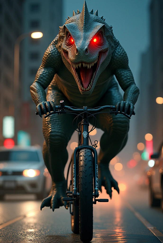 Dianasour on bike street light teeth outside red eyes
