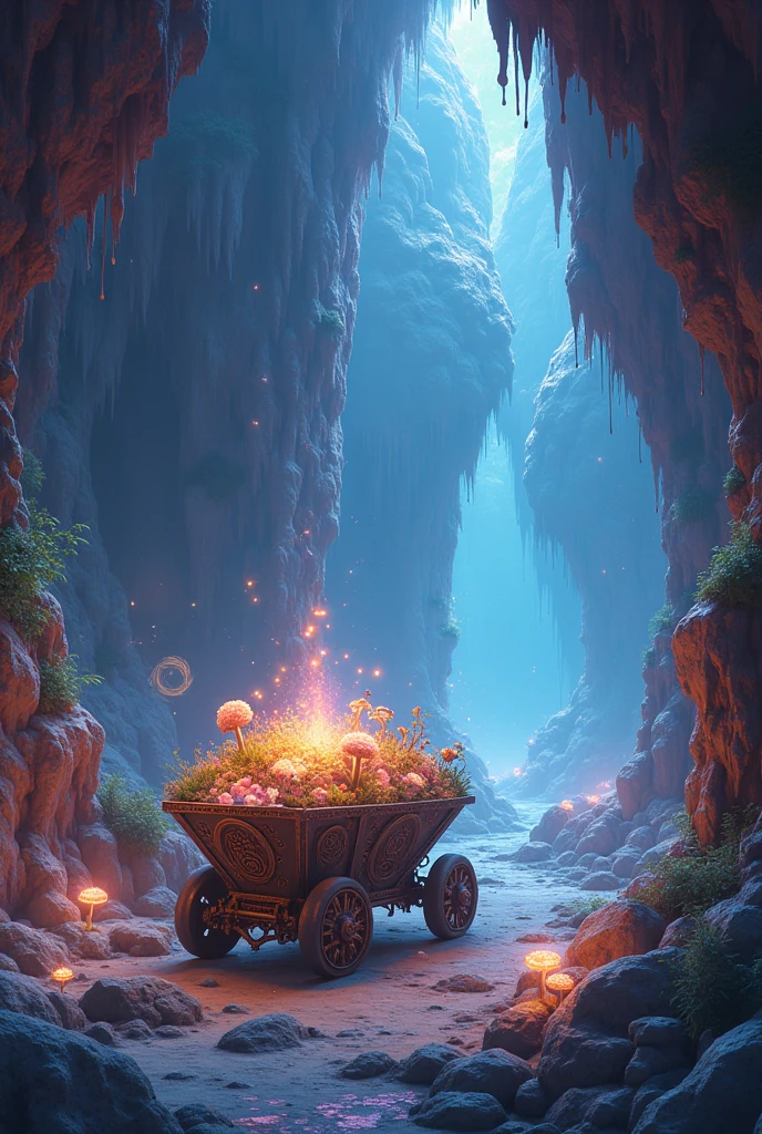 A magical cave made to represent the magical world we live in and a minecart inside of it made to represent its resources (make it look even better)