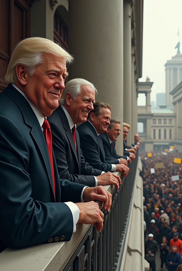 create an image of politicians looking out the window of a public building laughing as they watch a crowd of people protesting sadly and without hope
