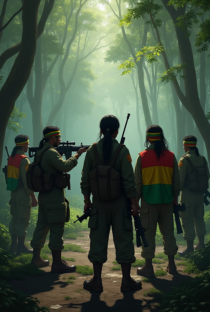 Seven Amhara Fano fighters in a scary jungle with long trees and their logo and flag has only green,yellow and red colors and the colors line respectively.And also they have sniper, black AK 47.In addition They don't cut their hair for a while that mean they have long hair and they tie the flag on their forehead.
