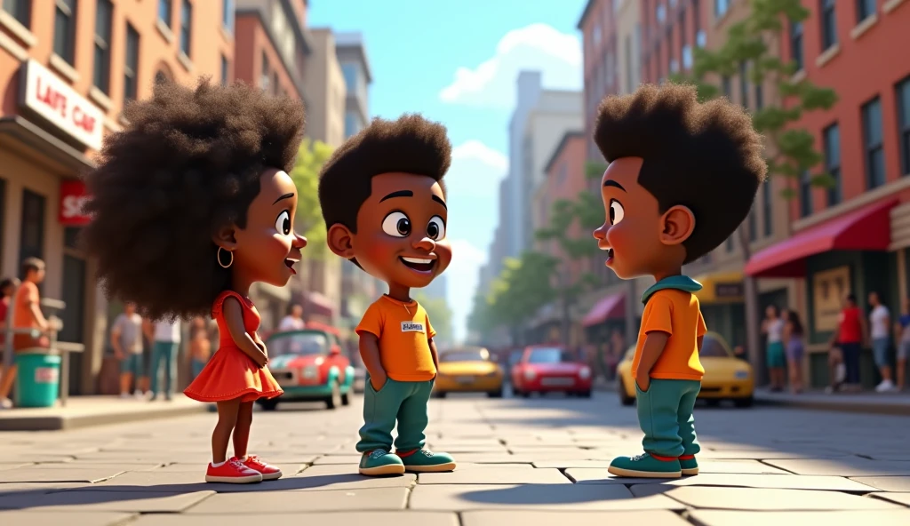 Generate me an image of three 3d cartoon african american characters talking on the street.