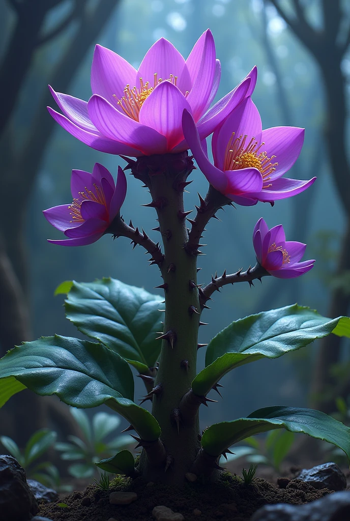 Plant with a thorn in stem and leaves. Leaves is larger than flowers and it has thorns also. Flowers must have 3 petals only but looks like gumamela but color purple