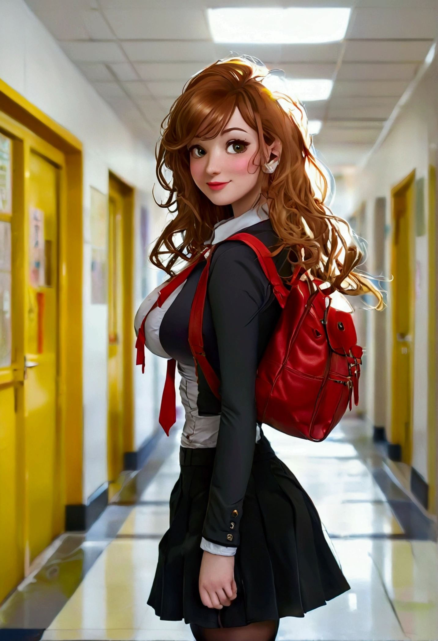 Bbw,((Minigiantess))  super thicc, massive breasts, very tall, ((3 meters tall)). Curly but straight hair,Brunette with bags,blushing and smiling, fat, head reaches The ceiling. In a school hallway. Taller than The roof. Wearing tight clothes, so tall she has to Lean down. Leaning down looking Down at The camera. ((Picture taken under at her breasts) 