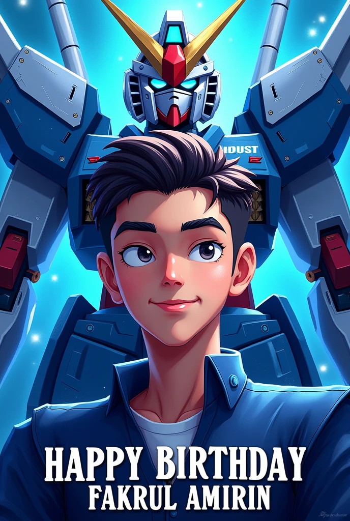 birthday poster,name Fakrul Amirin wish: Happy birthday, may you live long, cheap sustenance, always healthy and successful in the hereafter, with Gundam background blue theme