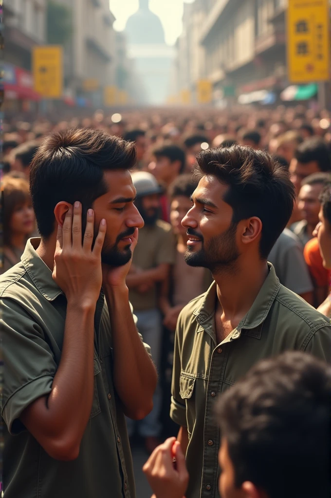 A person covering his ear and another talking and a large crowd behind 