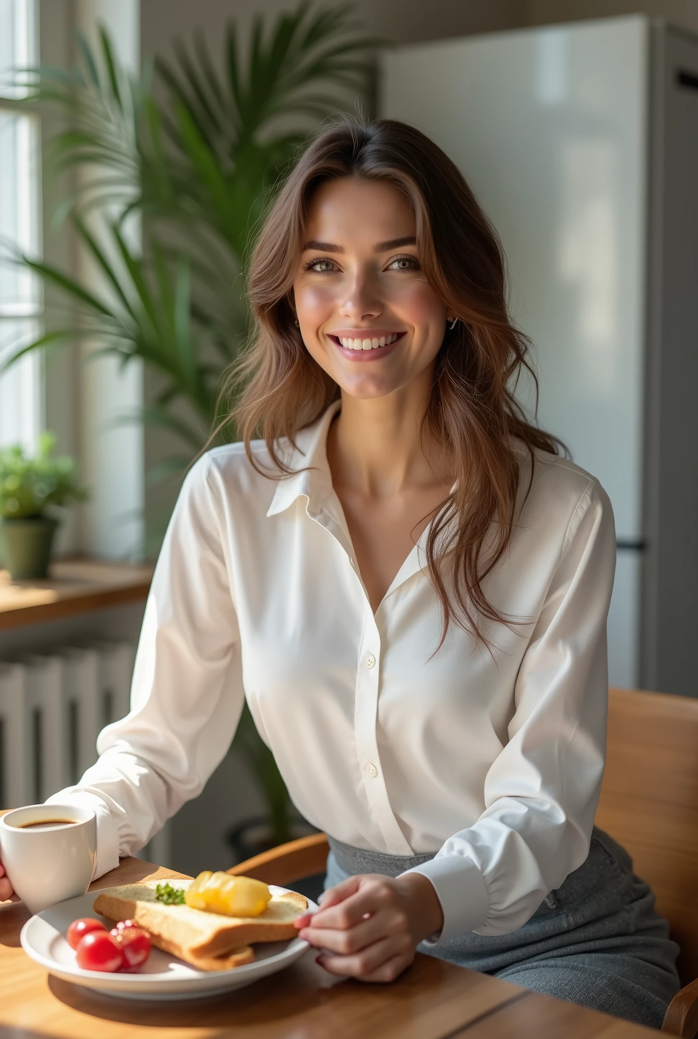 Lara Valentina, 22 years old, (piercing green eyes), is sitting at the kitchen table, enjoying a healthy breakfast. She wears an elegant formal outfit, consisting of a white button-down blouse, slightly fitted to the body, and a gray skirt, creating a professional and sophisticated look. Her light brown hair is loose, caindo suavemente sobre seus ombros. She holds a cup of coffee while smiling happily, while in front of you, on desk, there is a plate with toast and fresh fruit. The soft morning light illuminates the scene, creating a welcoming and productive environment, ready for the start of a new working day, detailed facial features, detailed human anatomy, high quality, photorealistic, 8k, hyper-detailed, perfect lighting, cinematic composition, elegant, beauty, graceful, seductive, attractive, captivating