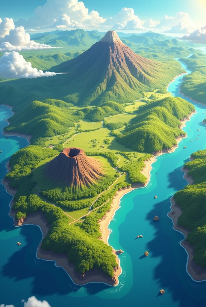 An animated map of a country where there's a mountain in the Northern part and a volcano in the southern area and the perspective is at the top 