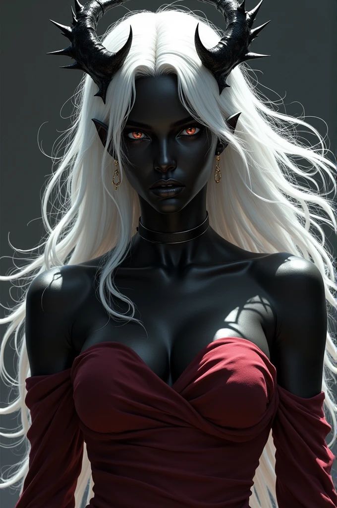 Un personnage féminin avec la peau noir mais la couleur noir, et des cheveux blanc les trait ressorte en blanc pour qu'ont comprennent ont sont les contour puis des épines tout autour de sa tête avec une robe courte rouge bordeaux mais cette femme badass