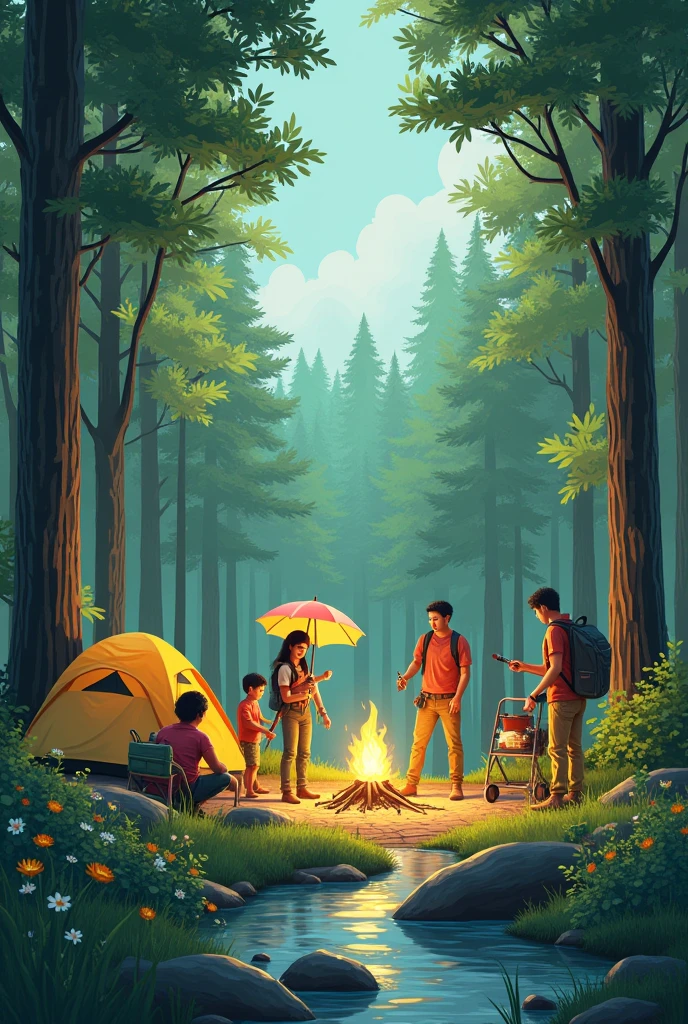 create a design that contains a combination of tree seedling replanting activities and exciting group camping activities