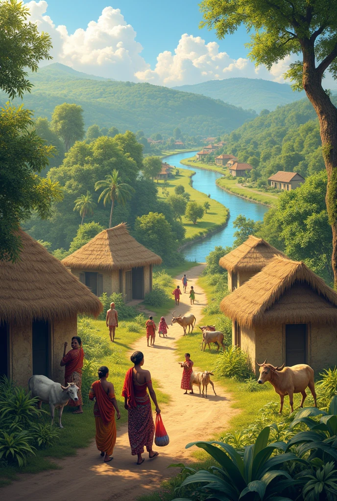 a indian village with domestic animal, people, small forest outside , river, thatched house, working women, farming