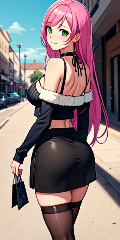 Masterpiece, beautiful art, 8k, art style by sciamano240, very detailed face, detailed hair, detailed clothes, detailed fabric, 1girl, beautiful face, long hair, pink hair , model head shot, facing camera, very detailed green eyes, sultry smile, wearing black ribbed crop sweater, black dior knee boots, short black pencil skirt, walking , out shopping, necklace, chocker, rosey cheeks, sunny summer setting, full body rear view, cleavage exposed