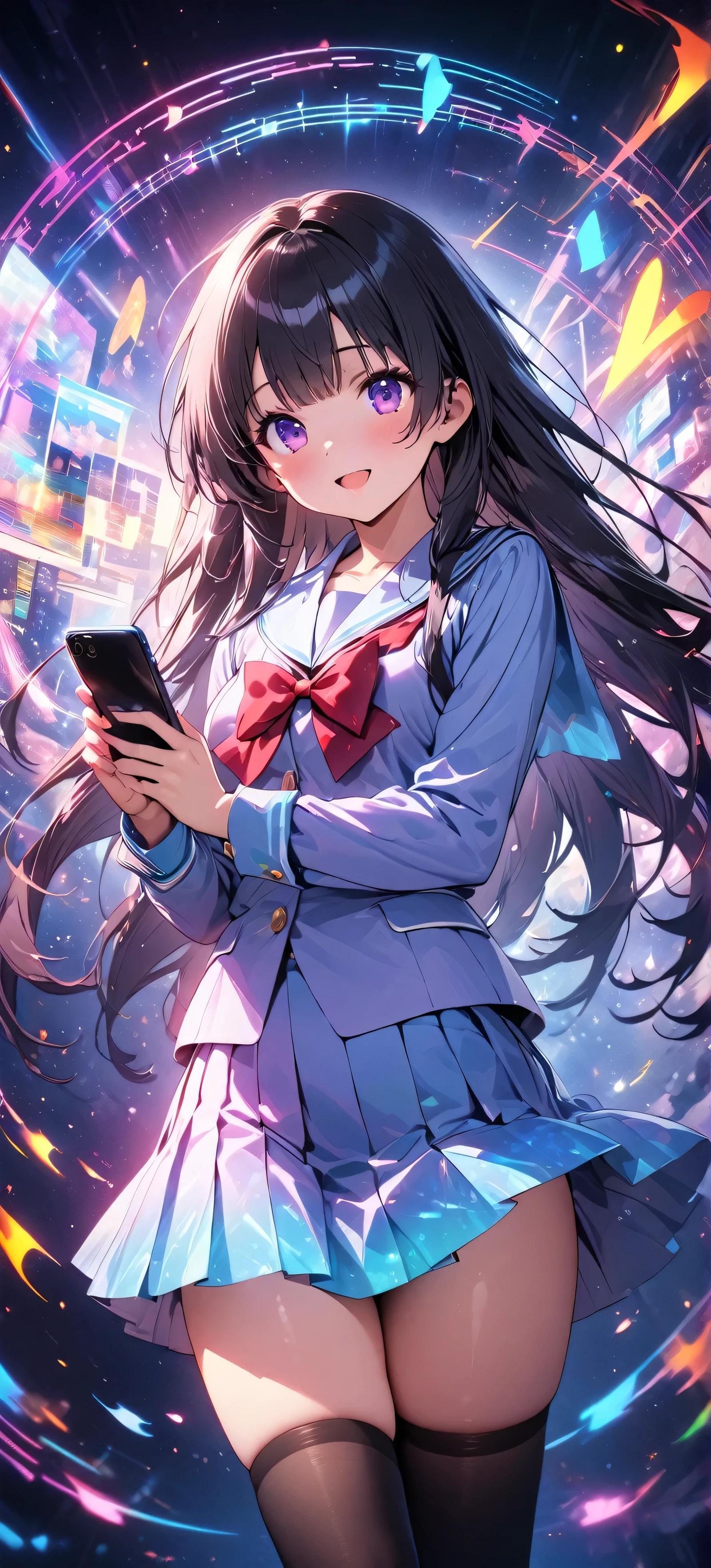 masterpiece, Highest quality, Ultra-high resolution,rich contrast,super high quality,8k,Highly detailed CG unit wallpaper,Ultra-high resolution,RAW Photos, Depth of Field 1.2,(((smartphone screen))),The world on the smartphone screen shows a girl,Beautiful girl wearing uniform and pleated skirt,Kotonoha Katsura, purple eyes, black hair, long hair,black thighhighs, bow, red bow, school uniform, skirt, thighhighs, zettai ryouiki,Kotonoha Katsura,holographic,holographic girl,holography, Rainbow colors,Neon color, Ultra-detailed lights,colorful,((Flying Music Note))