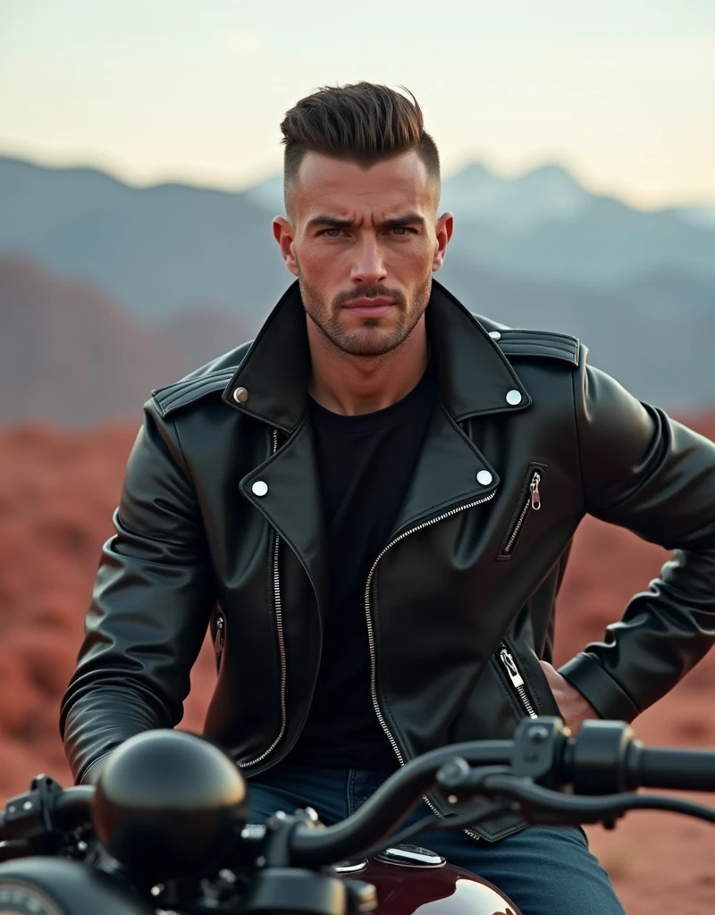 brutal ,handsome guy crew cut hair in a leather jacket, sitting on a luxury motorcycle, red mountains on the background