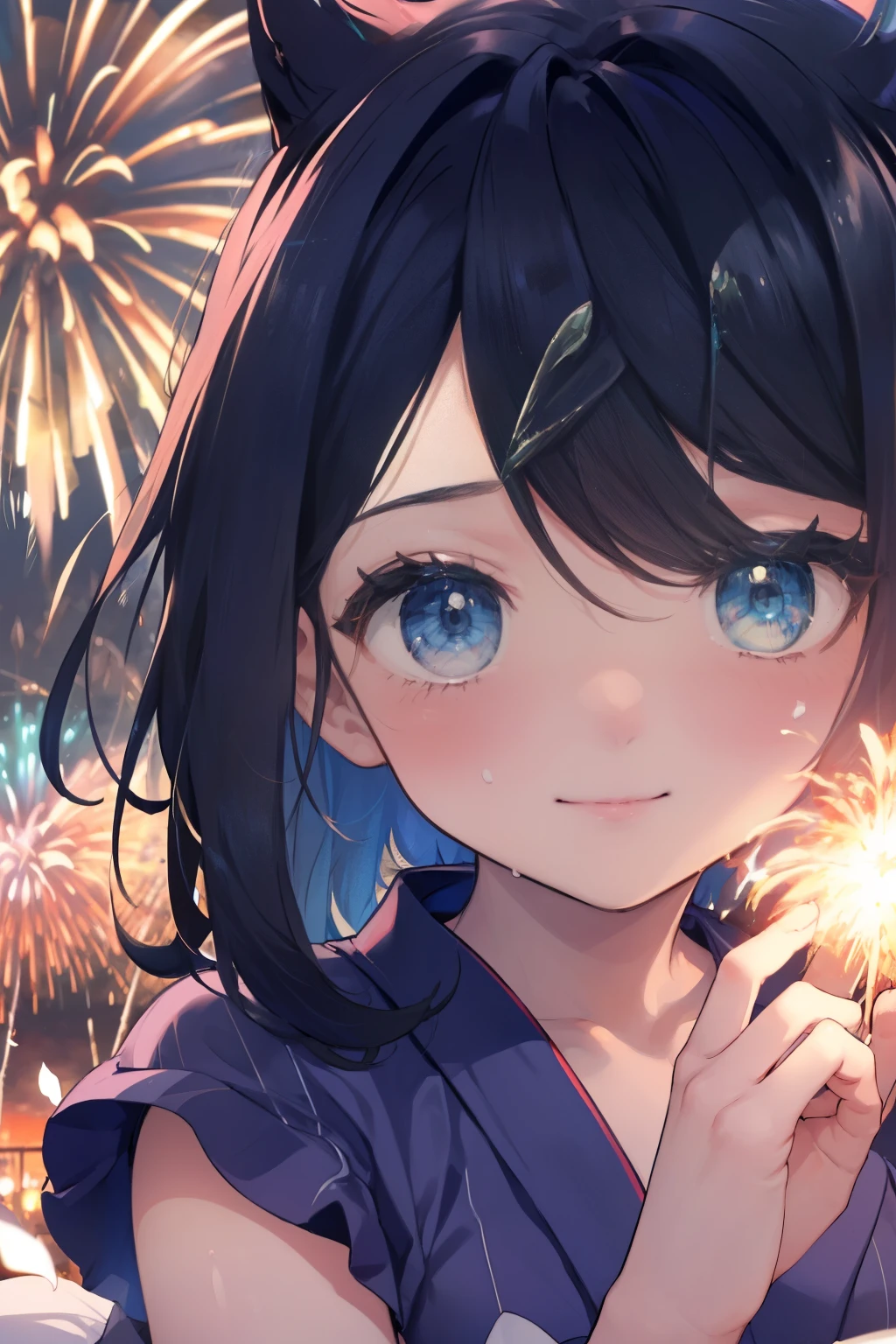 ((nsfw)), (masterpiece, Highest quality, 8K ultra-high resolution:1.4), 14yo, kawaii, nsfw, Pokemon Riko, Down blouse, , (Navy blue frilly yukata, Frilled underwear, night: 1.4), (Summer festival), ((turn around)), Beautiful Eyes,Flash photography, Backlight,  ((Close-up of face:1.4)), (The best smile:1.4), (Show your palm to the camera), (Beckon), Written boundary depth, Dramatic portrayal, (Colorful fireworks background), Focus of the film, , Emotional composition, Emotional engine full throttle BREAK Young and cute, Slender body, Flat Chest, Highly detailed glossy skin,Sweat,  完璧なPokemon Riko
, Wind, detailed in the Wind, petals dancing in the Wind
BREAK
ultra detailed crystal eyes, Eyes like shining jewels