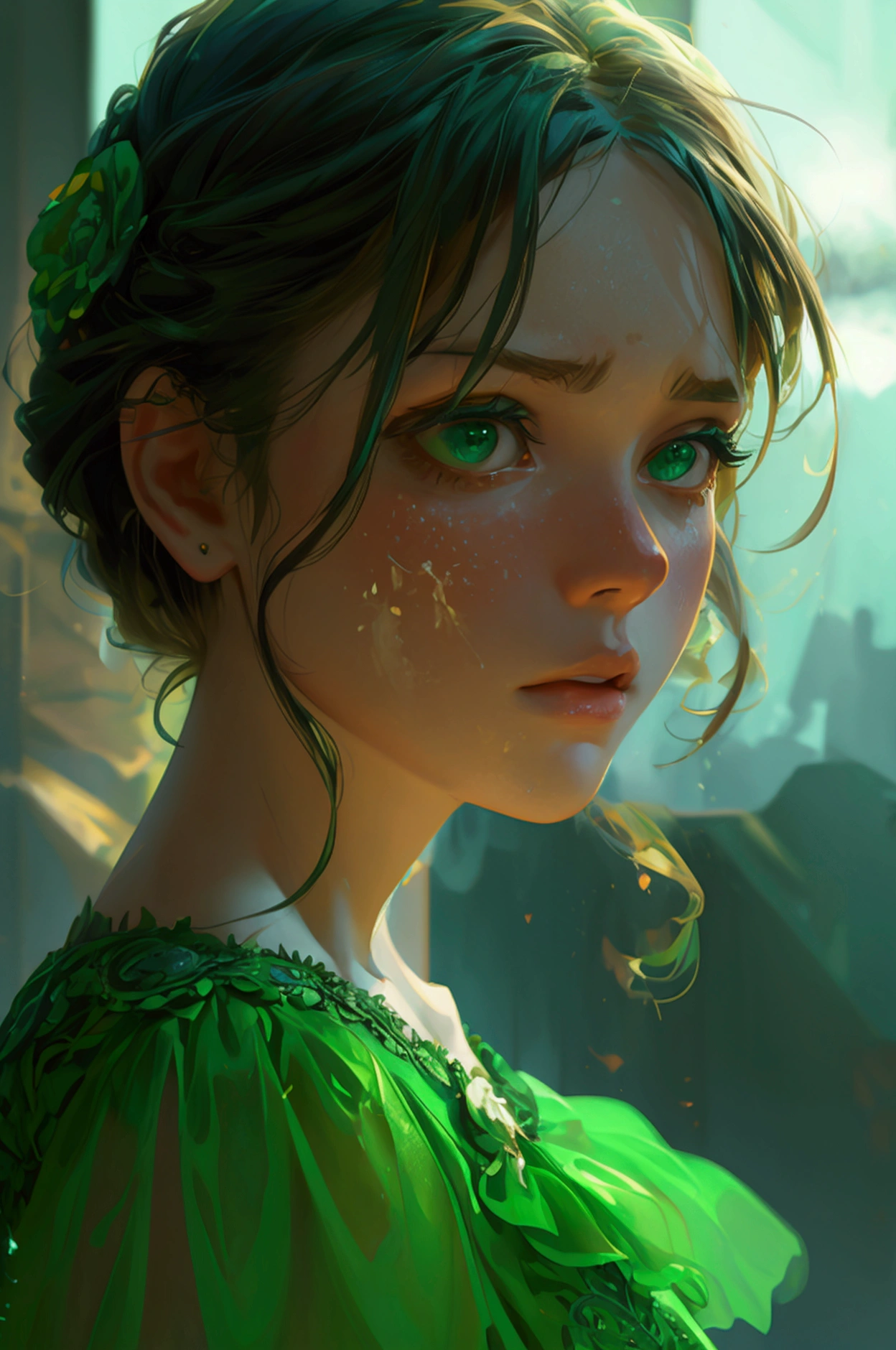 a girl in beautiful green dress doing hard work, seems like dying, face is full of fear, full body character