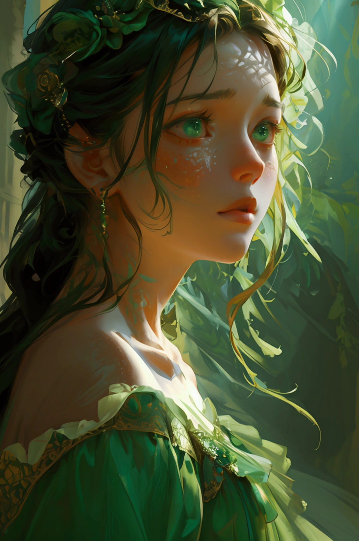 a girl in beautiful green dress doing hard work, seems like dying, face is full of fear, full body character