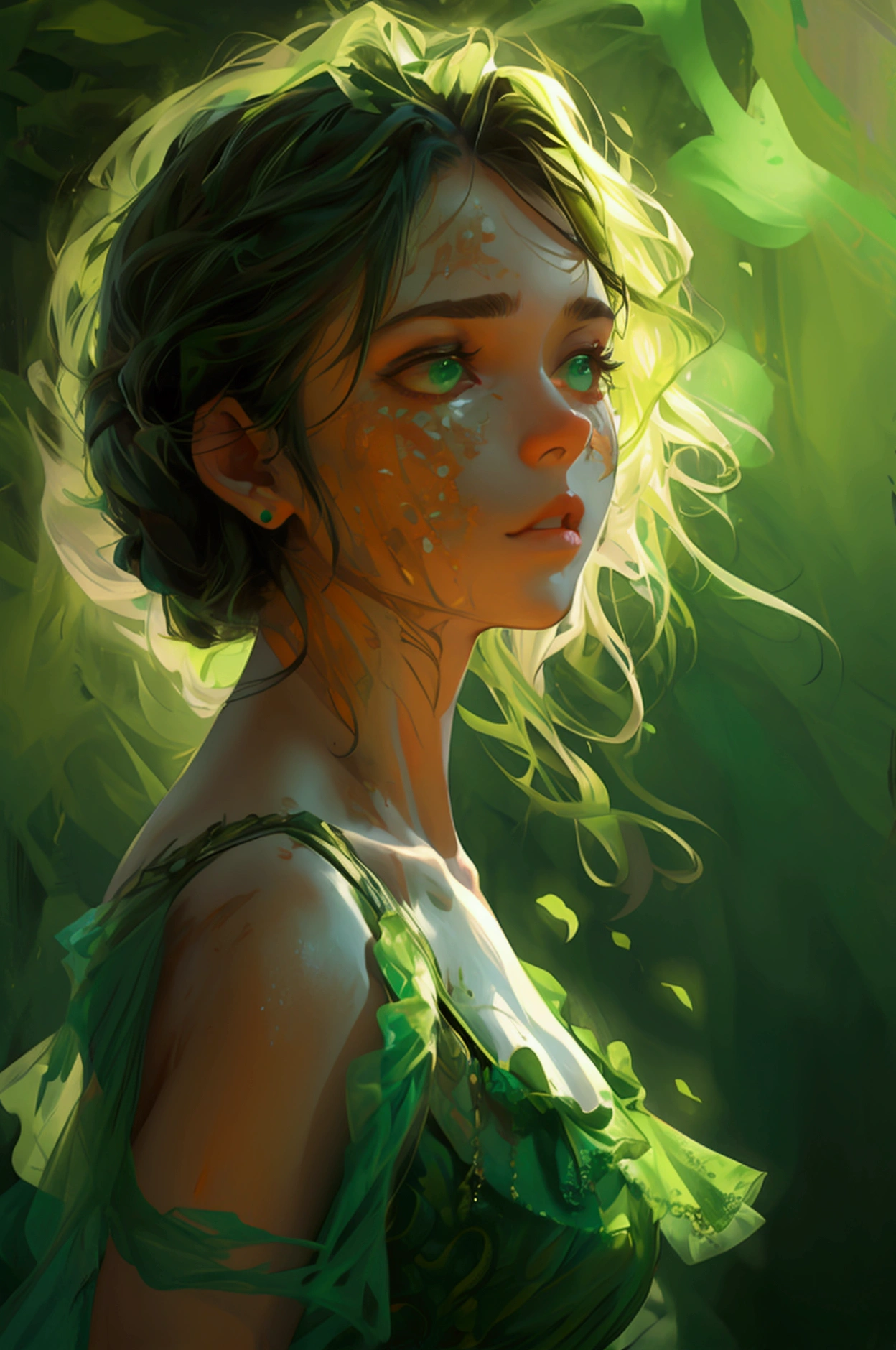 a girl in beautiful green dress doing hard work, seems like dying, face is full of fear, full body character 