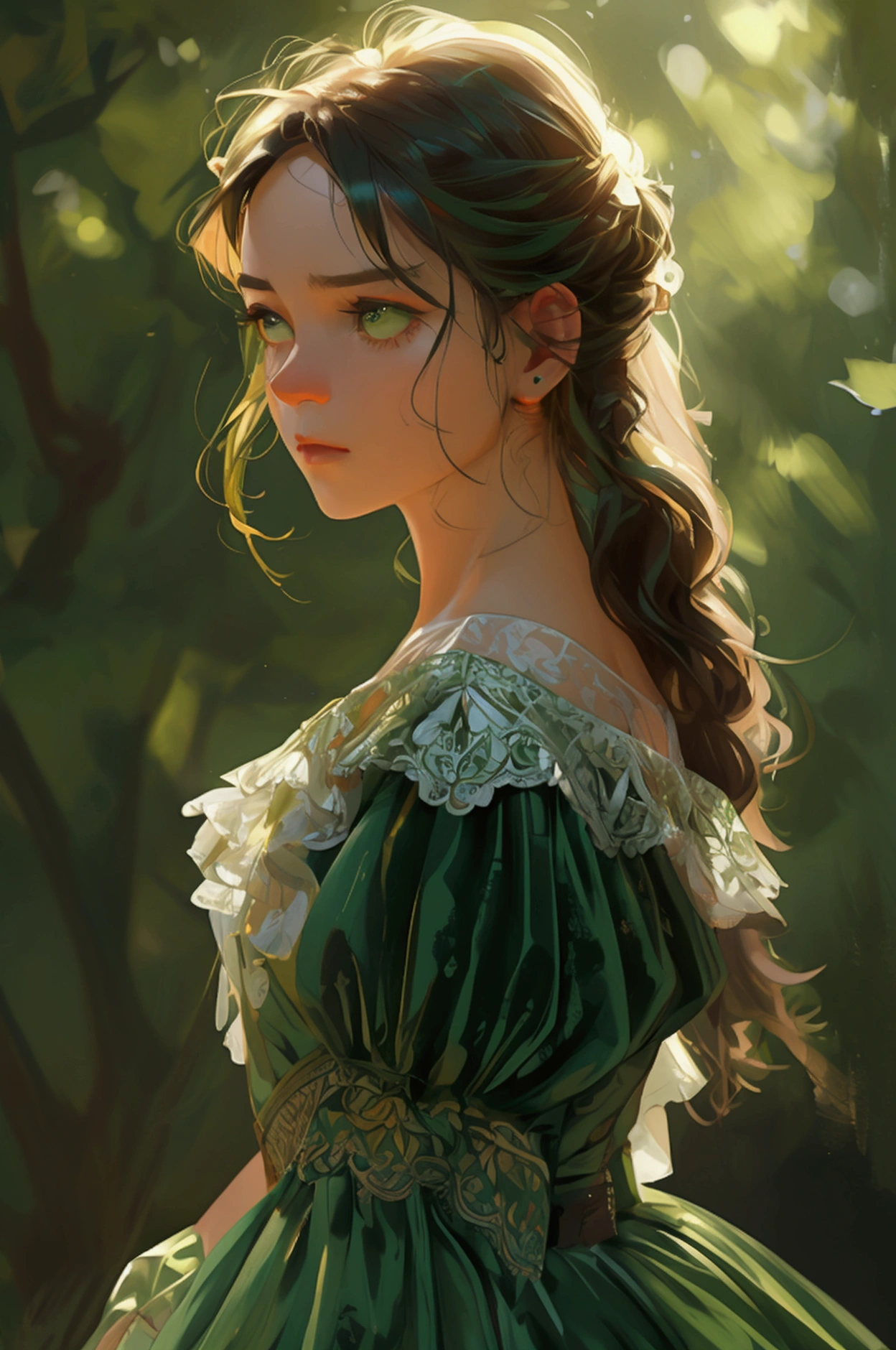 a girl in beautiful green dress doing hard work, seems like dying, face is full of fear, full body character 