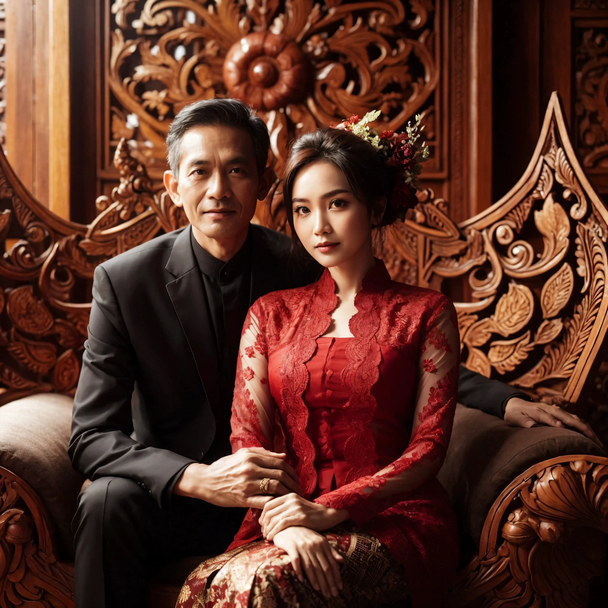 Indonesian family photography art, close up, man 50 years old, wearing a black suit, woman 50 years old hair in a hijab, wearing KEBAYA JAWA color red background of traditional Javanese customs, such as aesthetic teak wood carving, sitting in a chair, Javanese custom decoration is very detailed, photographed using mamiya leaf credo 645df, super detailed, professional photographer's result