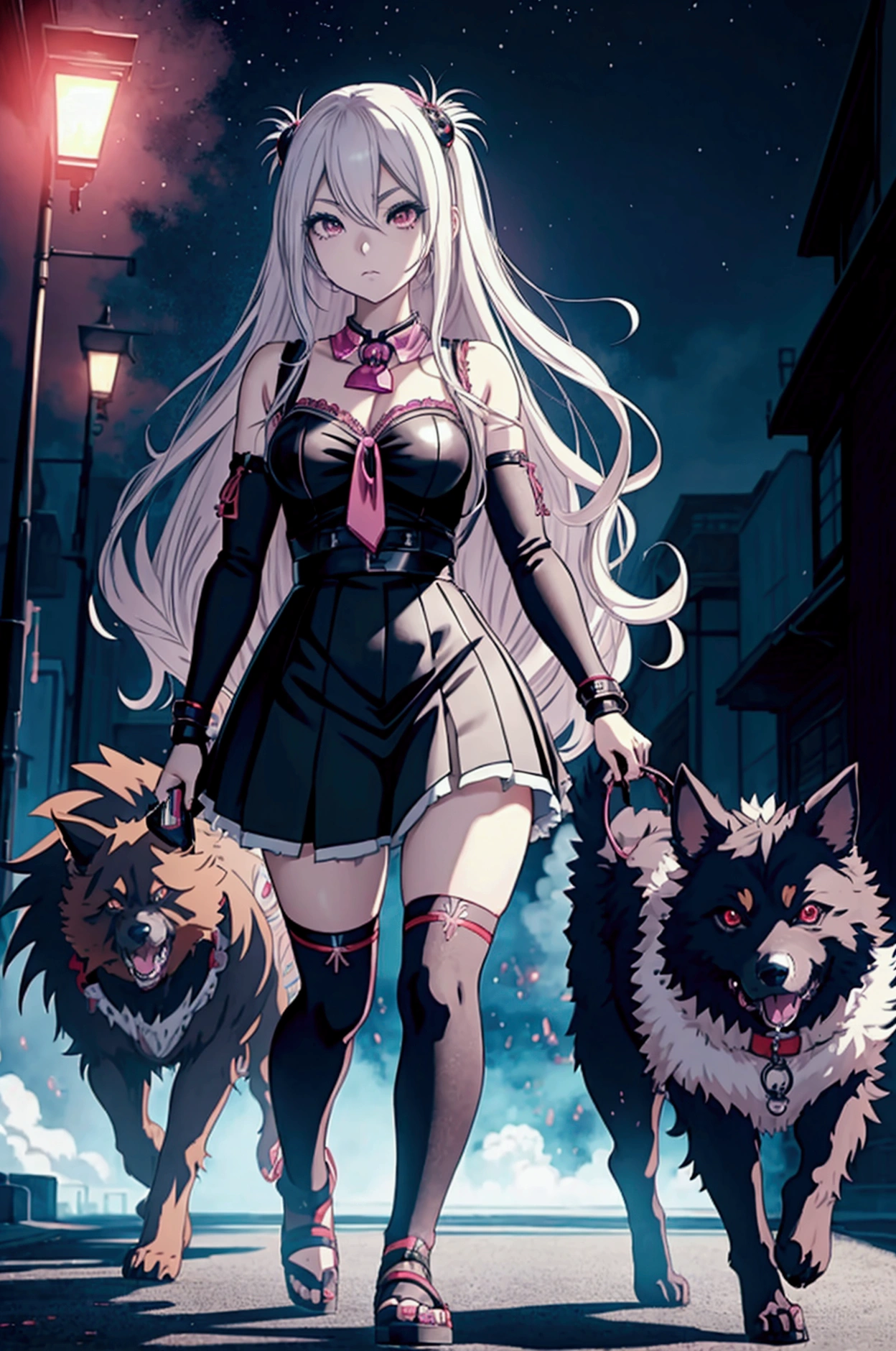 Anime girl walking with a dog in front of a monster, anime rudo 8k, 4k manga wallpaper, epic anime artwork, anime monster girl, 4K anime-style, anime key art, epic anime style, anime cover, 4k anime wallpaper, ( ( misa amane # ) ), epic light novel art cover, clean and detailed anime art, Epic anime