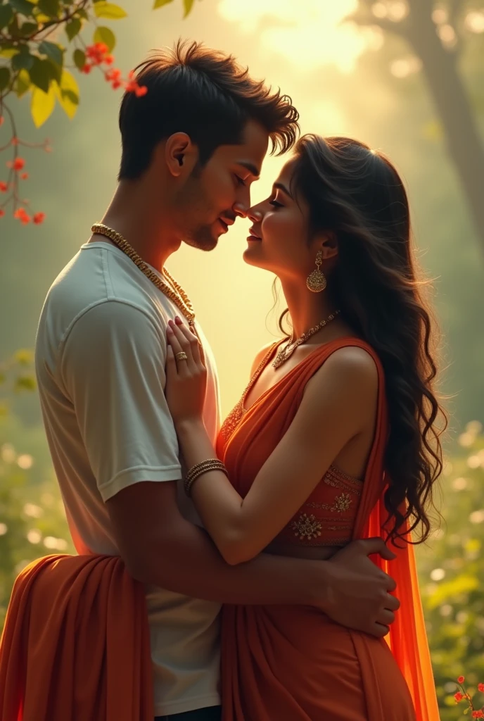 A 17 year old slim indian boy is walking carrying an 18 year old Indian girl in his lap romantic scene realistic picture