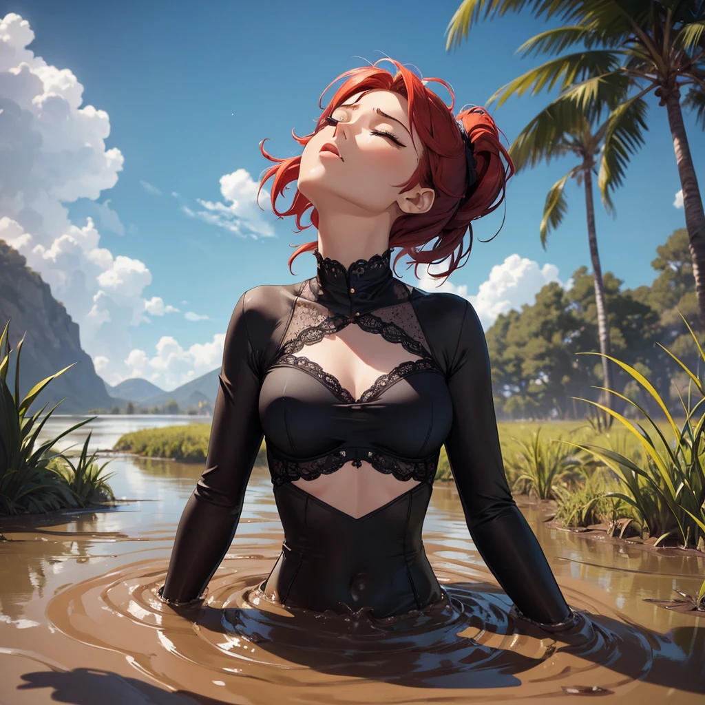 1girl, solo:1.5, masterpiece, best quality, high res, highly detailed, (illustration), beautiful detailed eyes, red hair ponytail, glossy lips, light makeup, orgasm, (looking up to the sky:1.5), (mouth open:1.2), intimate moment, black lacy bra underwear, (quicksand:1.4), (submerged up to her torso), (from side:0.7), bog, swamp, grass, trees, (eyes closed:1.3),