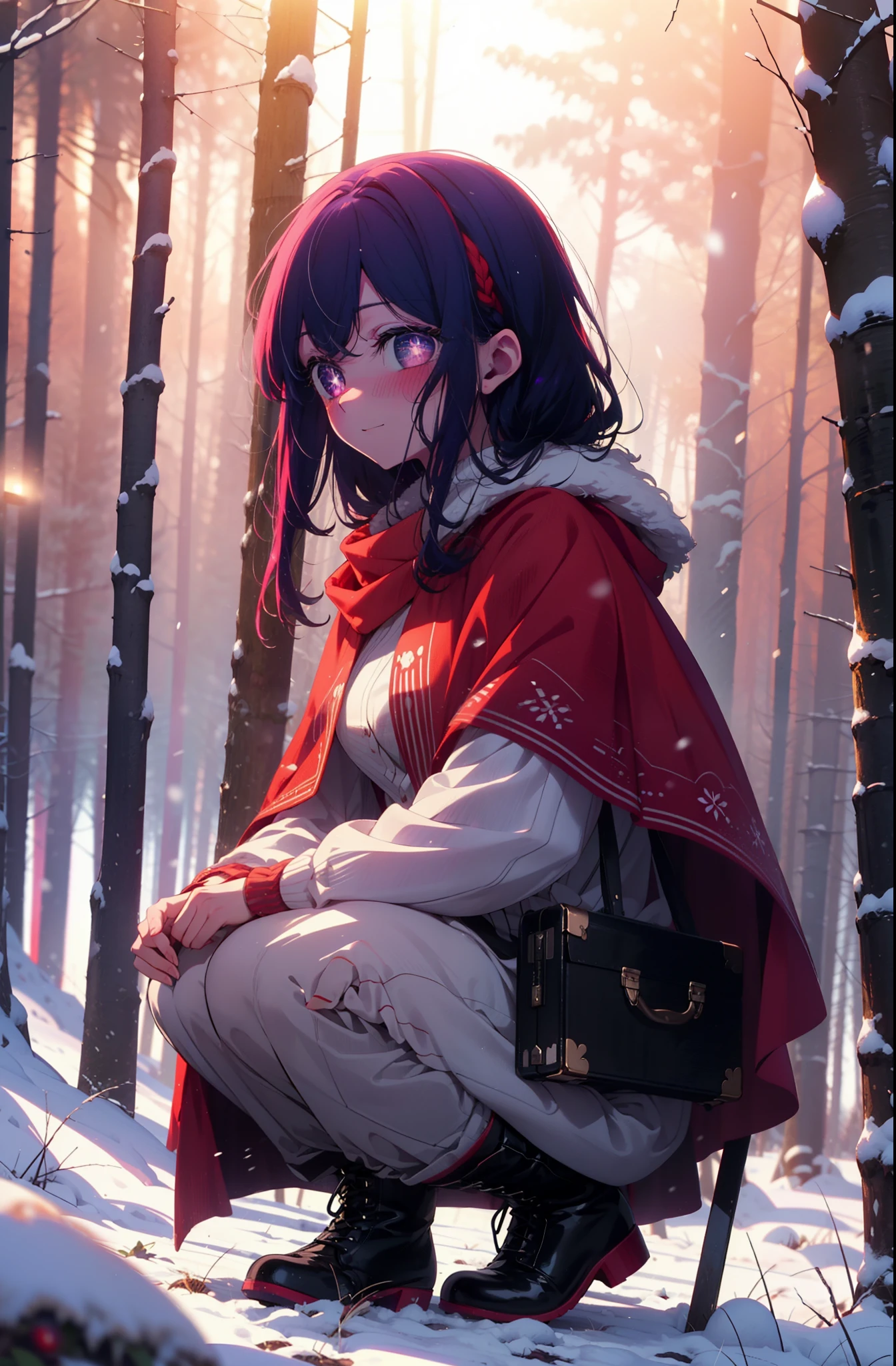 aihoshino, Ai Hoshino, Long Hair, bangs, (Purple eyes:1.1), Purple Hair, (Symbol-shaped pupil:1.5), smile,,smile,blush,white breath,
Open your mouth,snow,Ground bonfire, Outdoor, boots, snowing, From the side, wood, suitcase, Cape, Blurred, , forest, White handbag, nature, Squat, Mouth closed, Cape, winter, Written boundary depth, Black shoes, red Cape break looking at viewer, Upper Body, whole body, break Outdoor, forest, nature, break (masterpiece:1.2), Highest quality, High resolution, unity 8k wallpaper, (shape:0.8), (Beautiful and beautiful eyes:1.6), Highly detailed face, Perfect lighting, Extremely detailed CG, (Perfect hands, Perfect Anatomy),