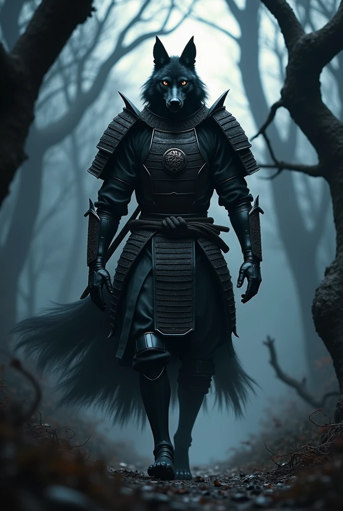 very strong、Wolf Samurai、Warrior、The body is slender、Pitch black armor、Dark Messenger、Walking in the forest at night、Very realistic、Ultra HD、32K、
