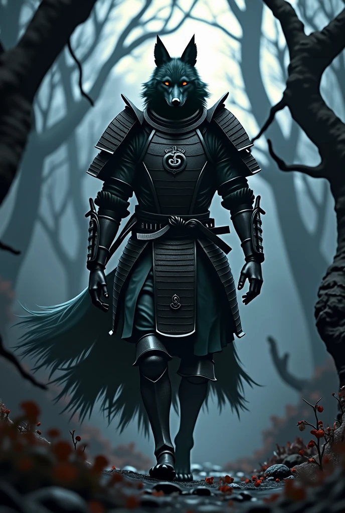 very strong、Wolf Samurai、Warrior、The body is slender、Pitch black armor、Dark Messenger、Walking in the forest at night、Very realistic、Ultra HD、32K、