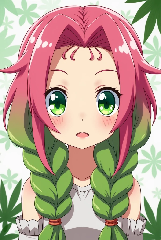 Anime style, Create an image of Mitsuri kanroji from deamon slayer, pink hair with green tips, large thick twin braids, the end of her braids are in green color, her fringes are in green color, large green eyes, hairs on forehead are green