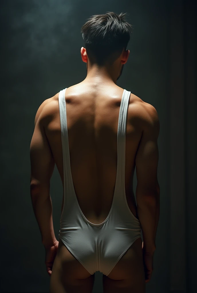 a handsome Asian man, he is wearing a springy white tank top, wet, standing on his back showing his ass, dramatic lighting, hyper-realistic, 8k, high quality, intricate details, cinematic composition, glowing skin, dramatic atmosphere, moody lighting