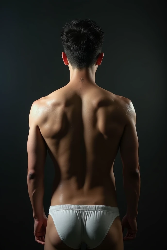 a handsome Asian man, he is wearing a springy white tank top, wet, standing on his back showing his ass, dramatic lighting, hyper-realistic, 8k, high quality, intricate details, cinematic composition, glowing skin, dramatic atmosphere, moody lighting