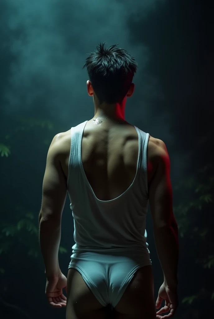 a handsome Asian man, he is wearing a springy white tank top, wet, standing on his back showing his ass, dramatic lighting, hyper-realistic, 8k, high quality, intricate details, cinematic composition, glowing skin, dramatic atmosphere, moody lighting