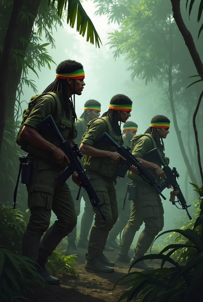 Seven Amhara Fano fighters in a scary jungle with long trees and their logo and flag has only green,yellow and red colors and the colors line respectively.And also they have sniper, black AK 47.In addition They don't cut their hair for a while that mean they have long hair and they tie the flag on their forehead.