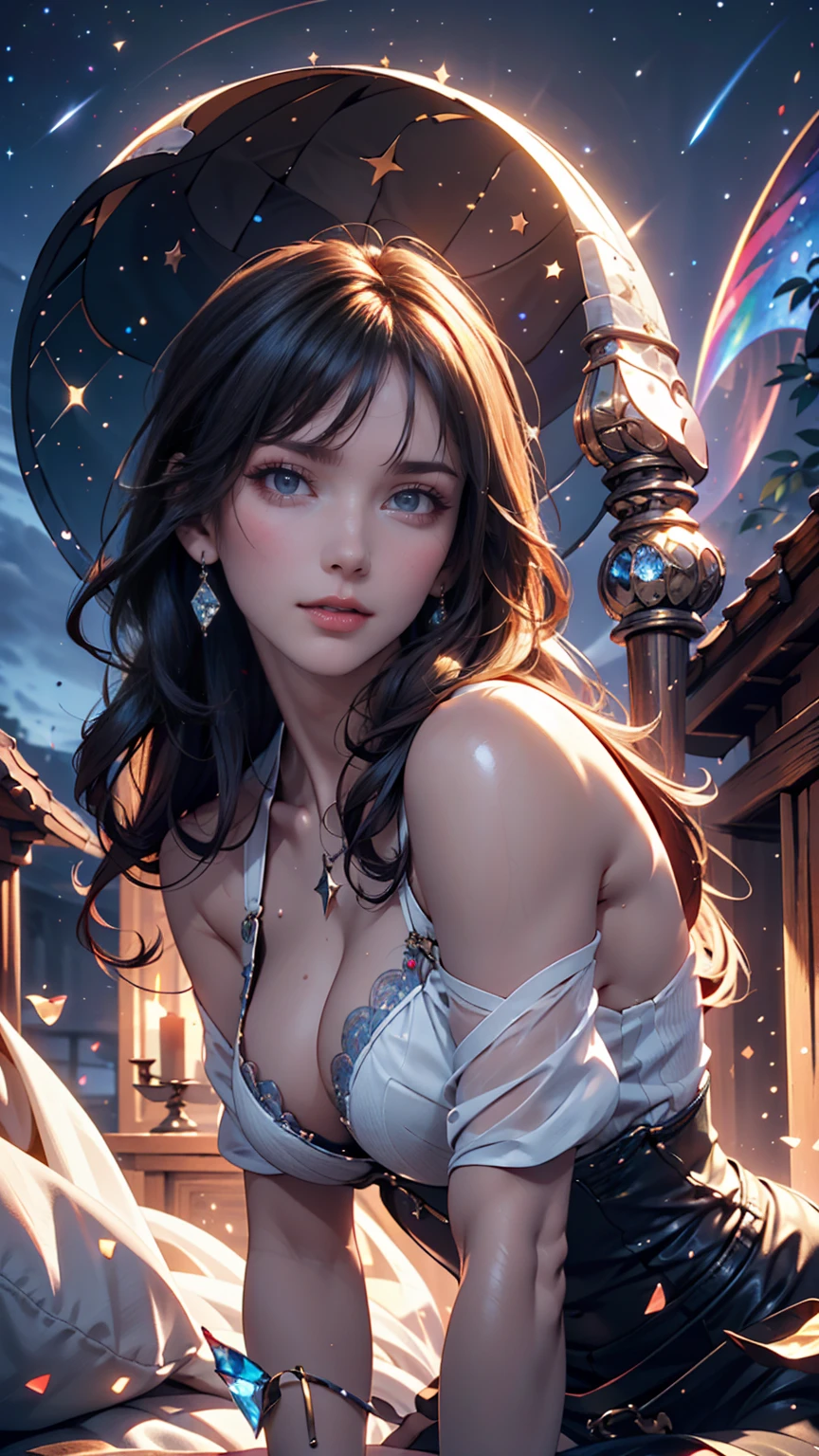 Masterpiece, Superb Girl, Cute Girl, Bust, High Detail Eyes, Perfect Eyes, Portrait, High Detail Face, Same Eyes, Glare, Rainbow Color, Global Illumination, Soft Light, Dream Light, Digital Painting, 8K Close-up, Fantasy, Night Sky, Stars, Nebula, White Crystal, Moonlight, Serenity, Summer, (8K:1.1)