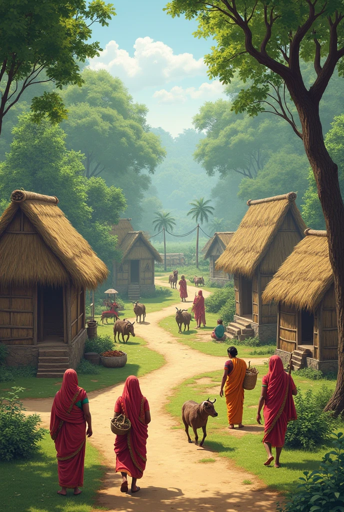 a indian village with domestic animal, people, small forest outside , thatched house, working women, farming,