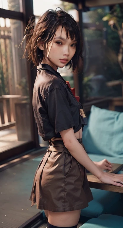 a beautiful japanese college girl with some freckles on her face inspired by hamada hideyaki shot by contax g1 with portra 800 film roll, ((short hair)), ,((intricate scenery)),(), ((sun rays)), ((front view:1.4)),