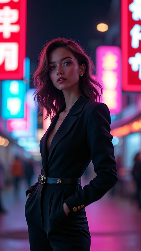 Mets le bébé qui est une nommée June debout dans une rue très éclairée de nuit, elle porte un tailleur Channel. Elle a les yeux bleu clair. Une des enseigne de la rue porte le nom de JUNE en très eclaiUltra détaillé, ultra ressemblant, ultra réaliste, respect de l âge, 8k