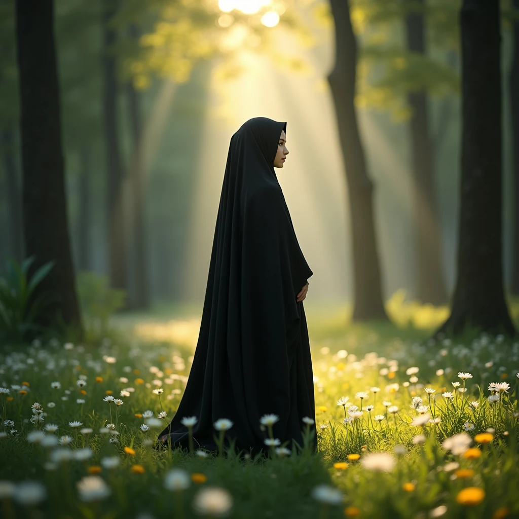 A beautiful young girl is wearing Black Borkkha and looking at the sun. Her face is not visible as the picture is taken from his back. She was in the middle of a beautiful forest where there were many beautiful trees and small white yellow flowers. Sun ray comes.