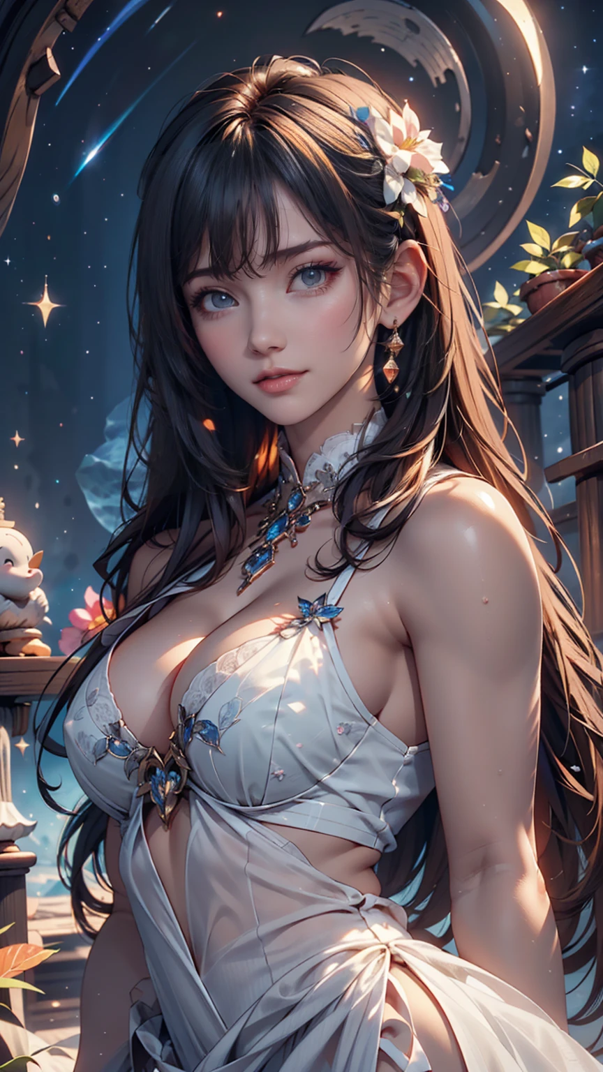 Masterpiece, Superb Girl, Cute Girl, Bust, High Detail Eyes, Perfect Eyes, Portrait, High Detail Face, Same Eyes, Glare, Rainbow Color, Global Illumination, Soft Light, Dream Light, Digital Painting, 8K Close-up, Fantasy, Night Sky, Stars, Nebula, White Crystal, Moonlight, Serenity, Summer, (8K:1.1)