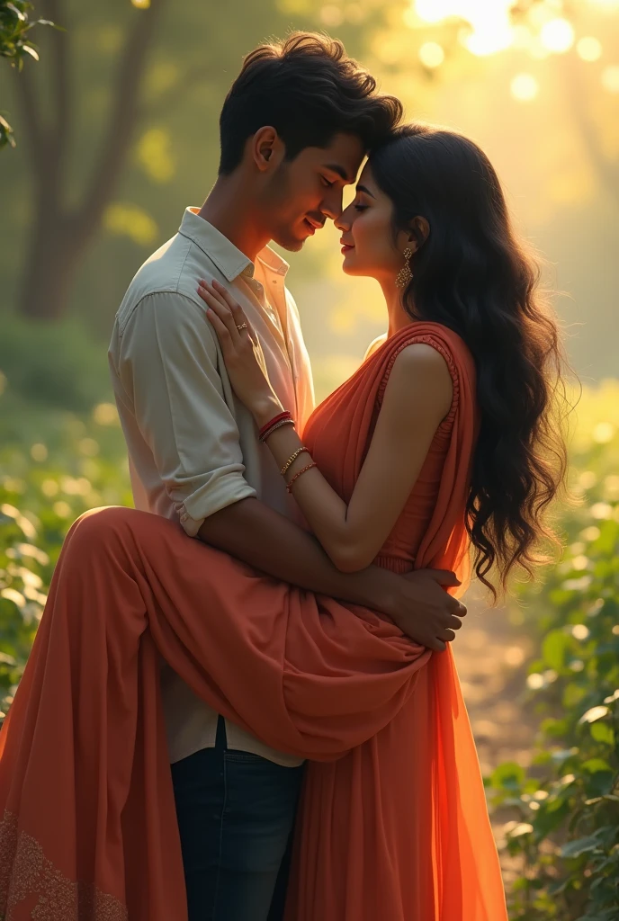 A 17 year old slim indian boy is walking carrying an 18 year old Indian girl in his lap romantic scene  realistic picture