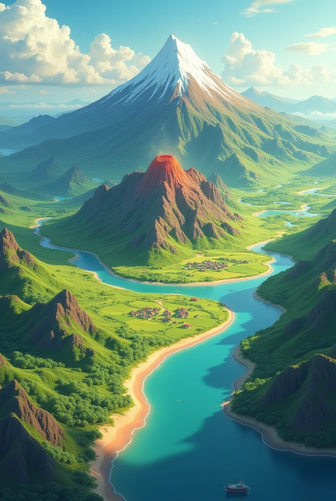 An animated map of a country where there's a mountain in the Northern part and a volcano in the southern area and the perspective is at the top, make more space at their distance