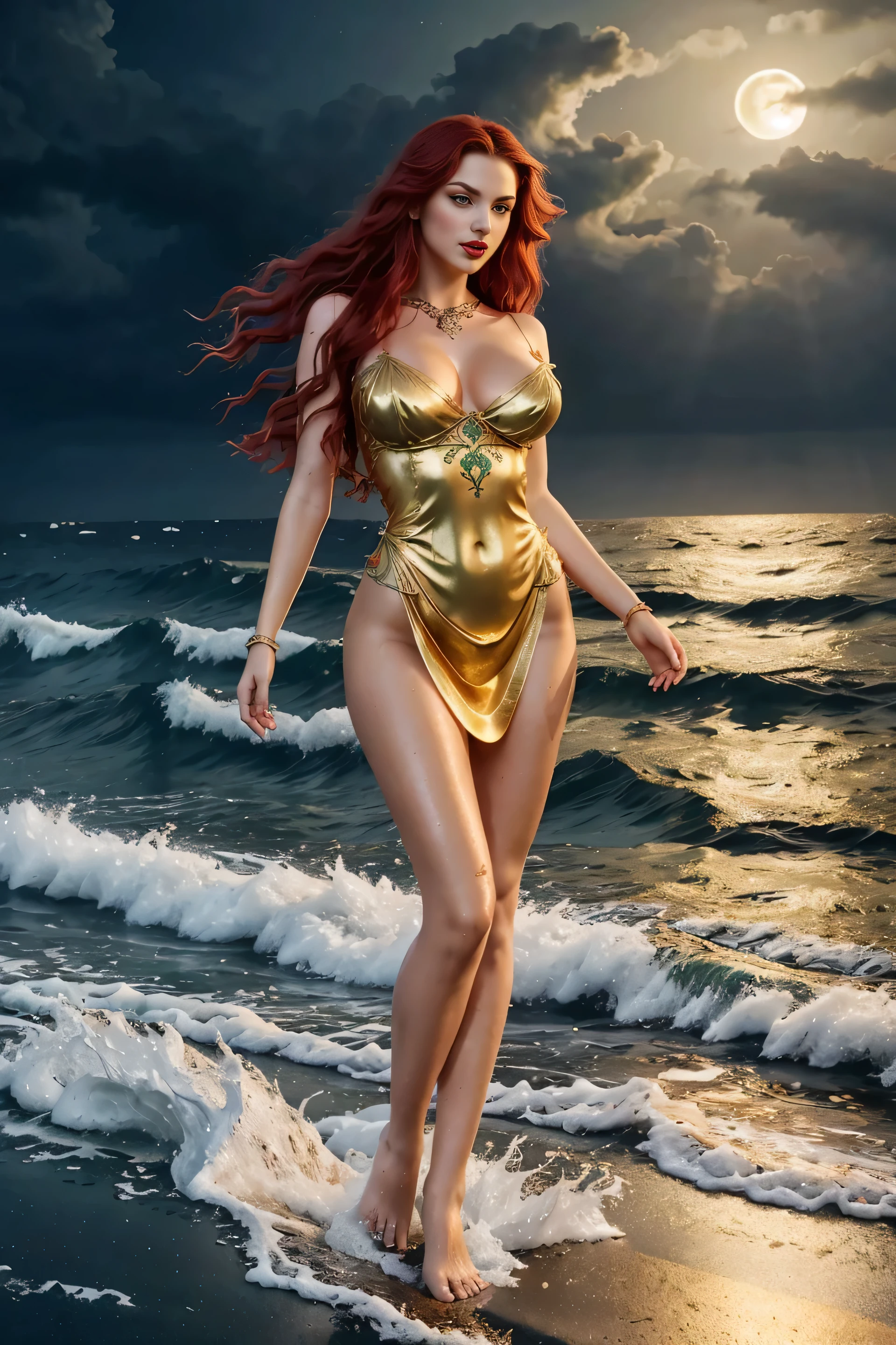 dramatic mythological scene standing out from the wavy stormy sea with waist up sexy beautiful perfect shape full body Greek goddess Persephone's red long wavy hair green eyes red lips big breast white gold embroidered translucent airy short tunic gold silver jewelry hair body clothes wet midnight, moonlight, smog, darknes